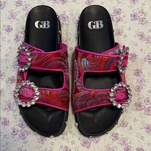Gianni Bini Pink Paisley Slide Sandals with Crystal Buckles